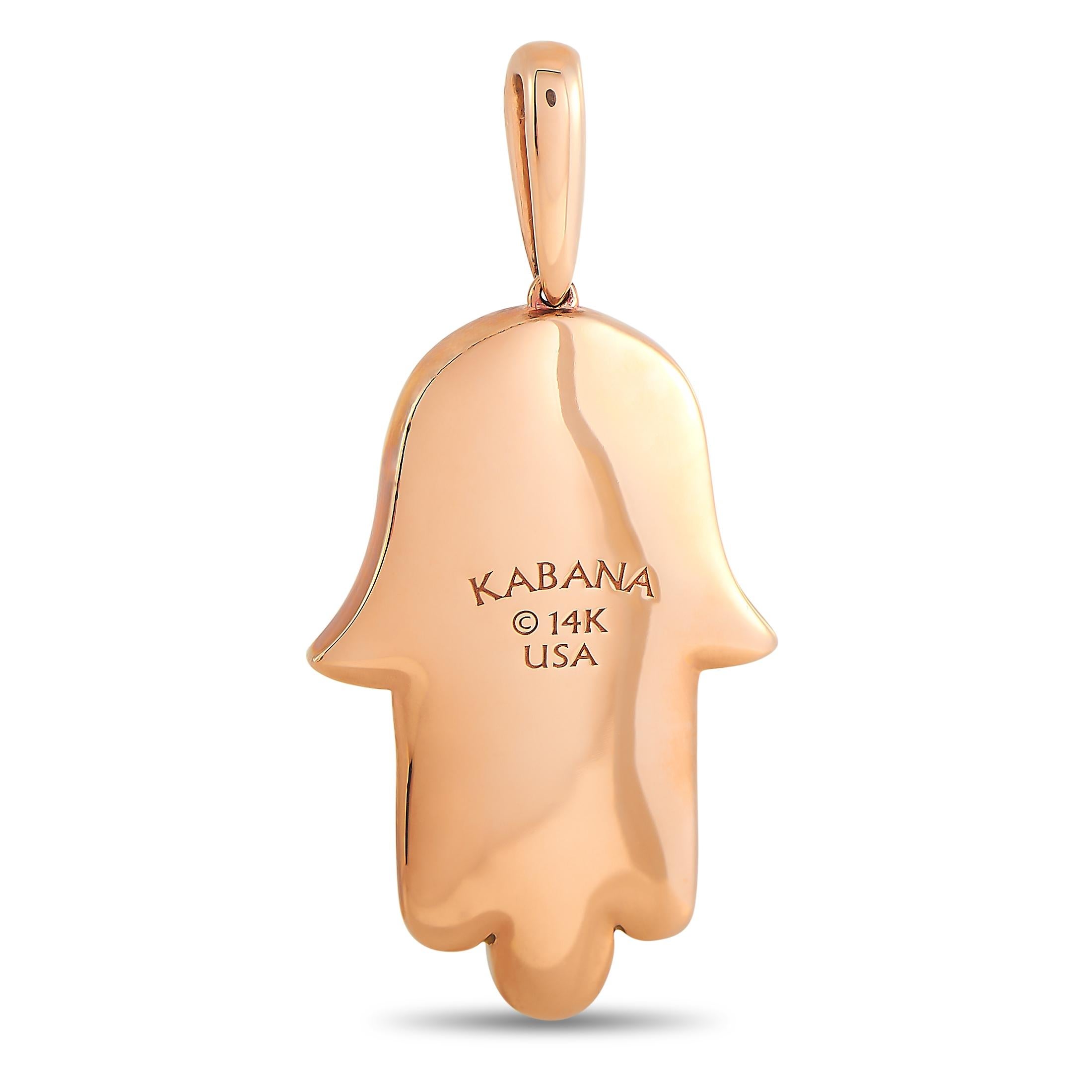 Designed with the unique, eye-catching, and difficult-to-harvest spiny oyster gemstone, this symbolic Hamsa hand pendant is one special piece to include in your collection. The frame is fashioned from 14K rose gold which perfectly complements the