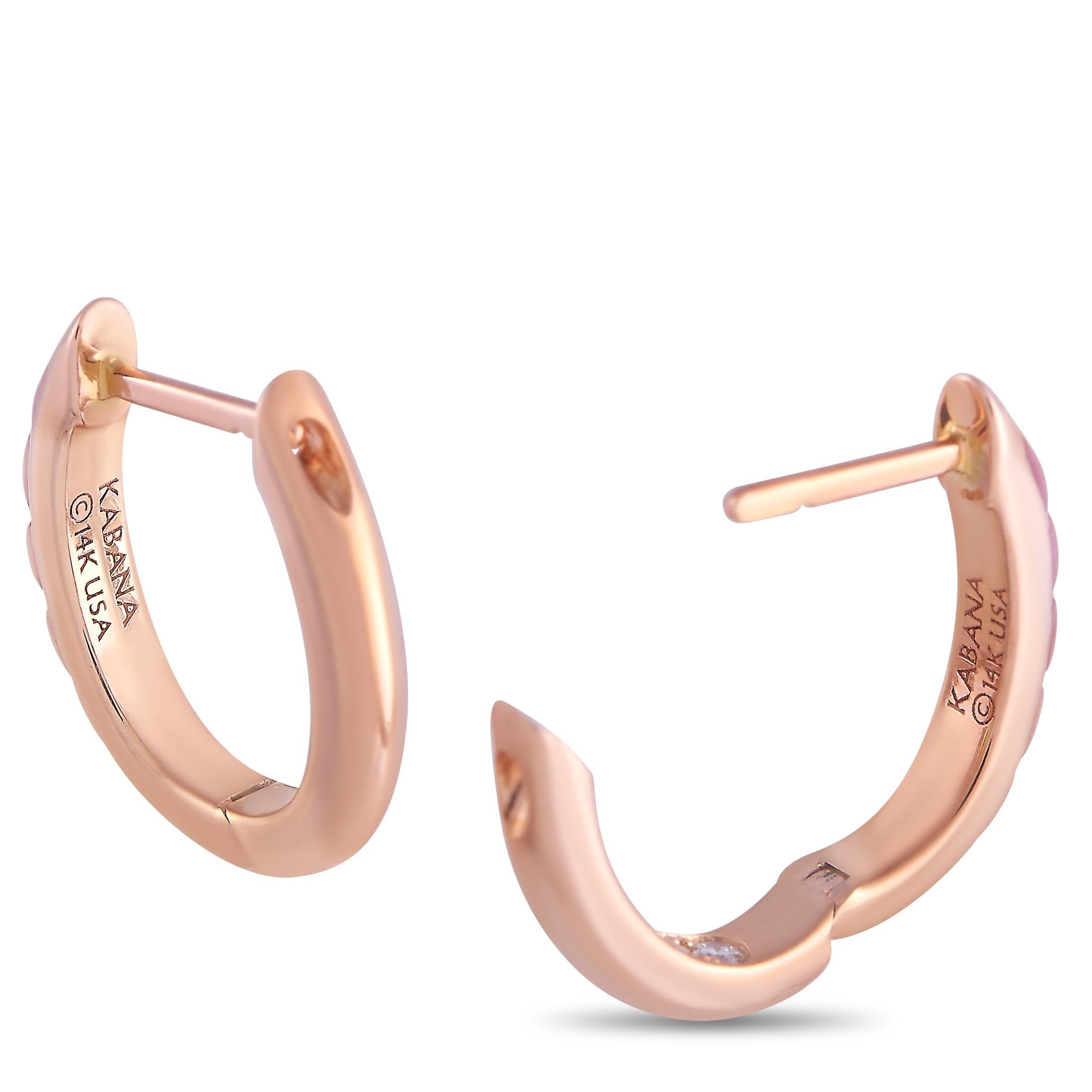 These pretty Kabana earrings add the perfect flash of sparkle. The earrings are made with warm 14K rose gold and inlaid with soft pink pieces of Mother of Pearl around the outside of the hoop. Each earring is set with a row of small round cut