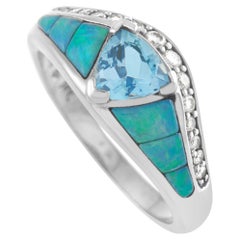 Kabana 14K White Gold 0.20 Ct Diamond, Aquamarine and Inlaid Opal Ring