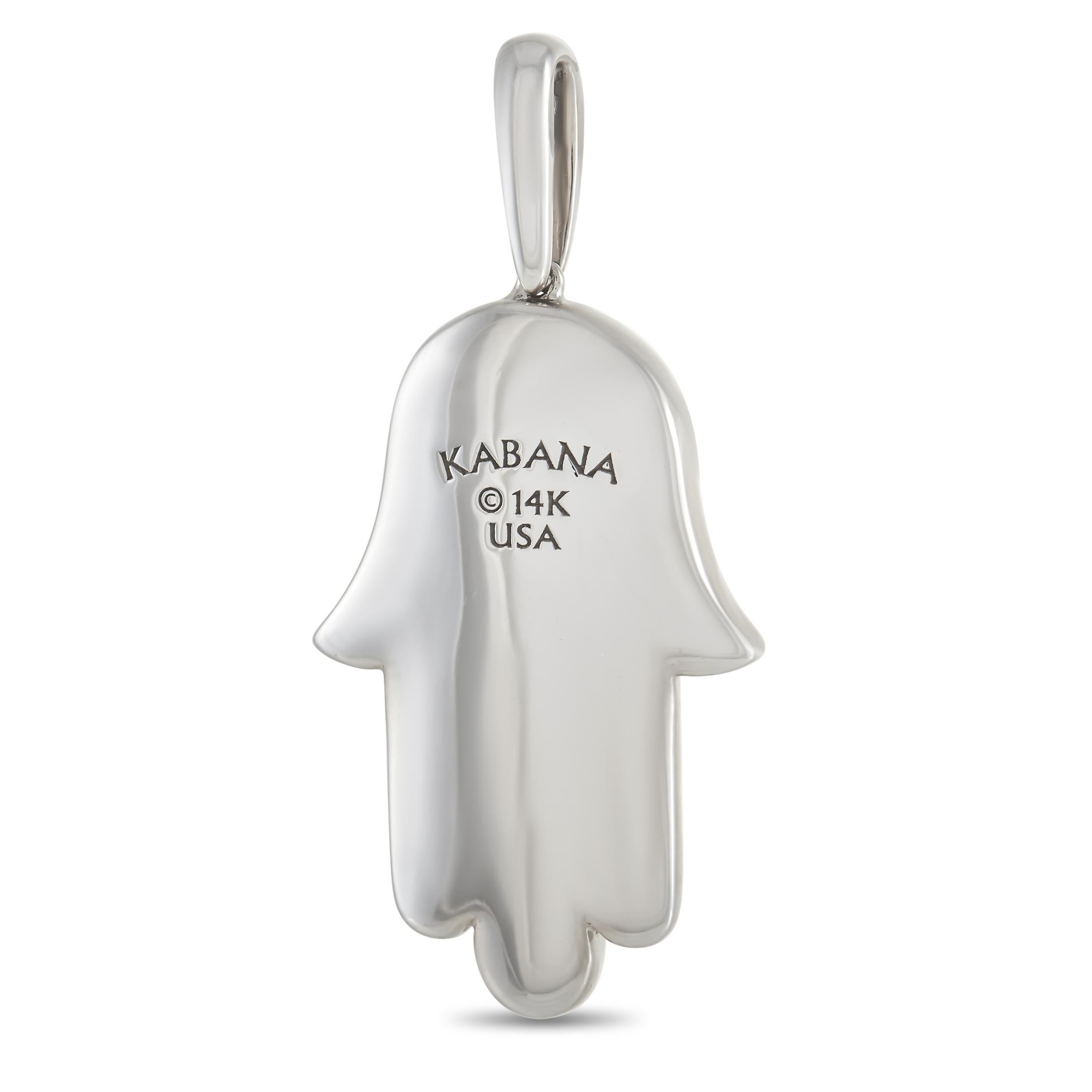 The traditional Hamsa gets an elegant upgrade on this exquisite Kabana pendant. Mother of Pearl accents pair perfectly with the stylish 14K White Gold setting, while diamonds totaling 0.33 carats add extra sparkle. It measures 1.75” long and .75”