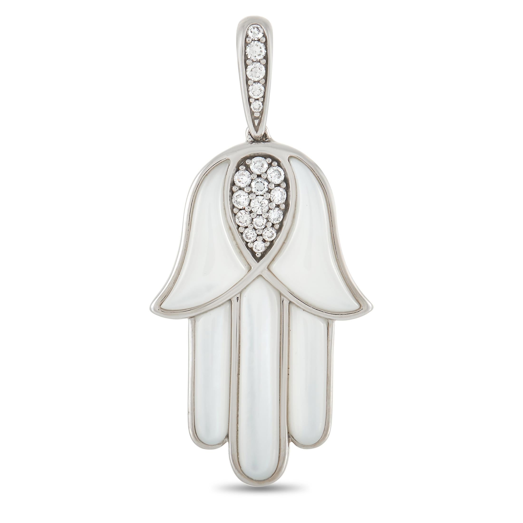Kabana 14K White Gold 0.33 Ct Diamond and Mother of Pearl Hamsa Pendant In New Condition In Southampton, PA