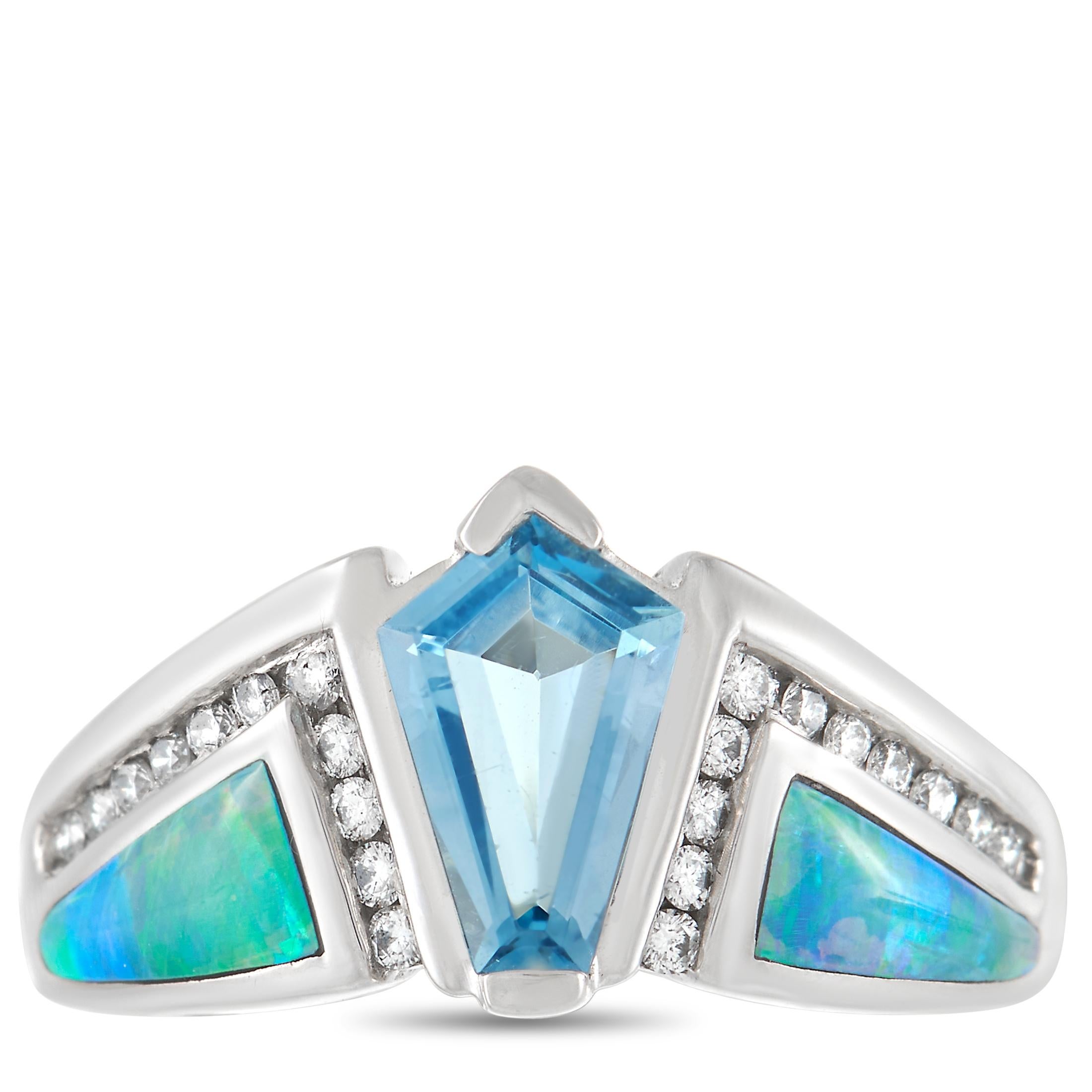 Kabana 14K White Gold Diamond, Aquamarine, and Inlaid Opal Ring In New Condition In Southampton, PA