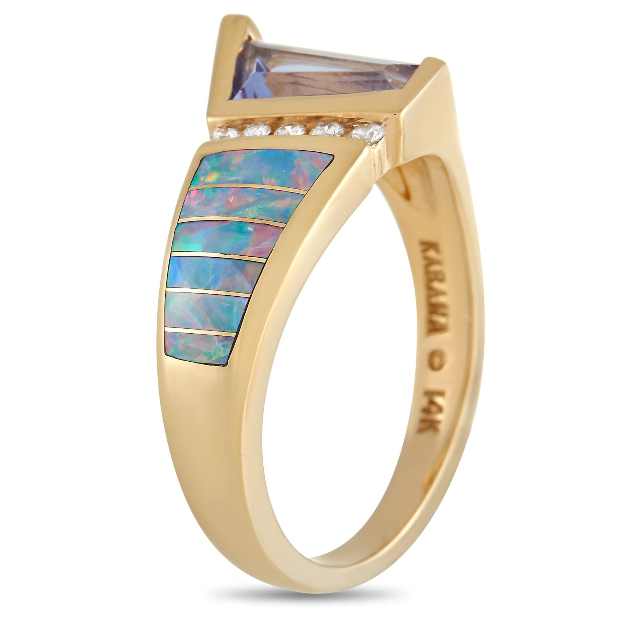 Chic and sophisticated, this Kabana ring will always make a statement. This ring’s creative 14K Yellow Gold setting beautifully showcases precious materials like a 0.75 carat Tanzanite stone, inlaid opal, and diamonds with a total weight of 0.08