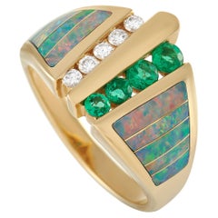 Kabana 14k Yellow Gold 0.12 Carat Diamond, Emerald, and Inlaid Opal Ring