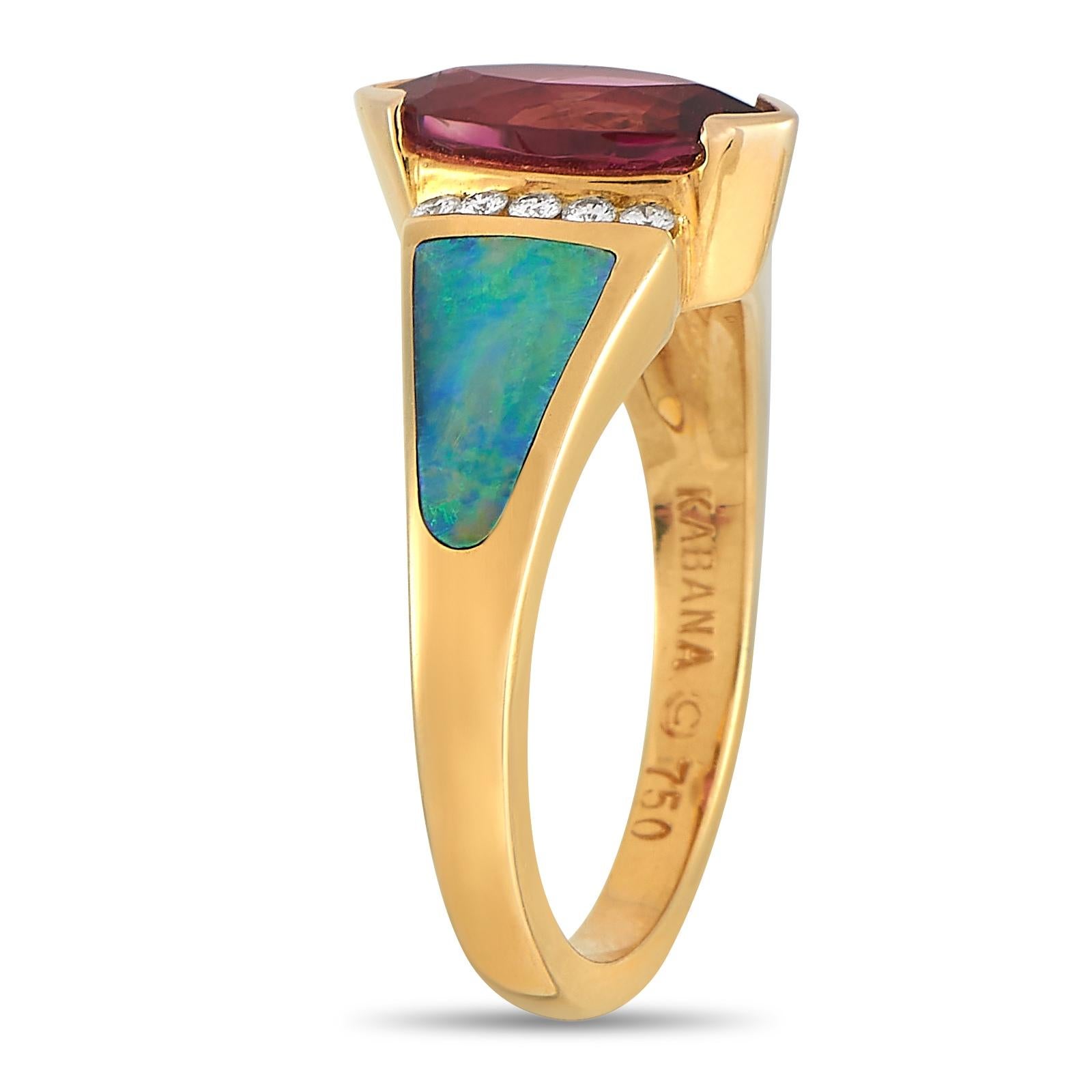 This Kabana ring is an exceptional piece that blends opulent colors and textures. At the center of the 14K Yellow Gold setting, a marquise-cut red 1.60 carat tourmaline makes a stylish statement. It’s accented by fiery inlaid opal as well as 0.15