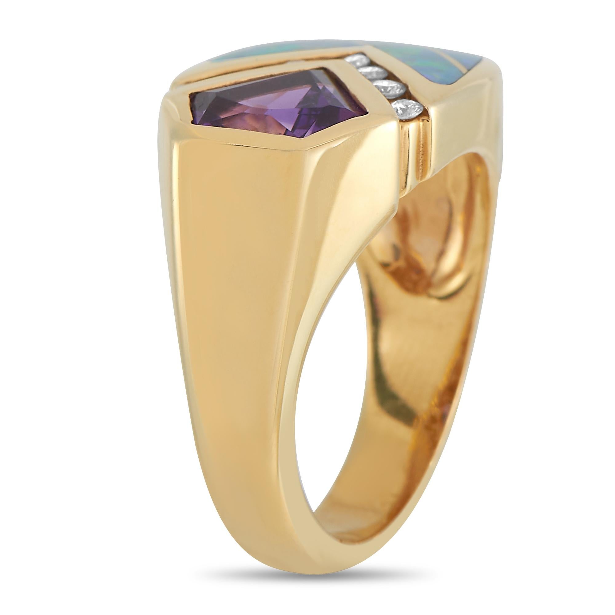 A stylish combination of colors and textures make this Kabana ring truly extraordinary. This dynamic design comes to life thanks to a 1.80 carat amethyst gemstone, fiery inlaid opals, and a series of diamonds with a total weight of 0.17 carats. It