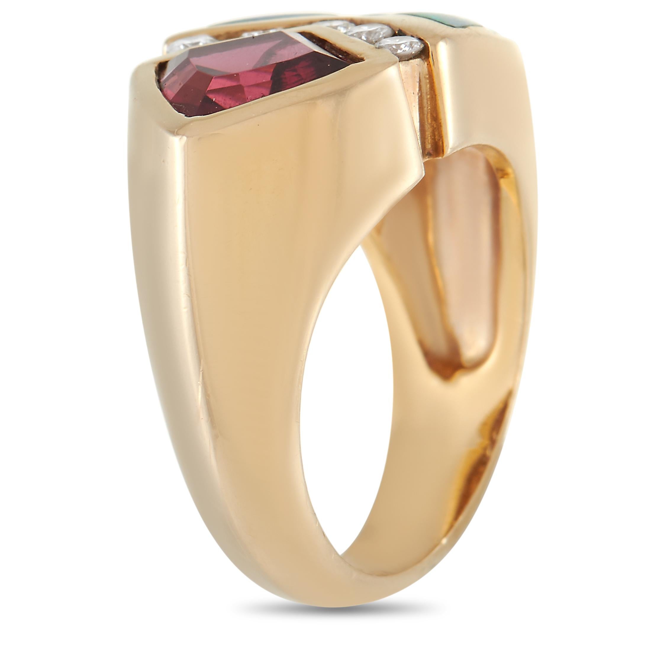  A unique combination of gemstones makes this 14K Yellow Gold ring from Kabana truly dynamic in design. The arrangement is anchored by a breathtaking 1.70 carat Garnet gemstone, which is also accented by Inlaid Opal and 0.17 total carats of