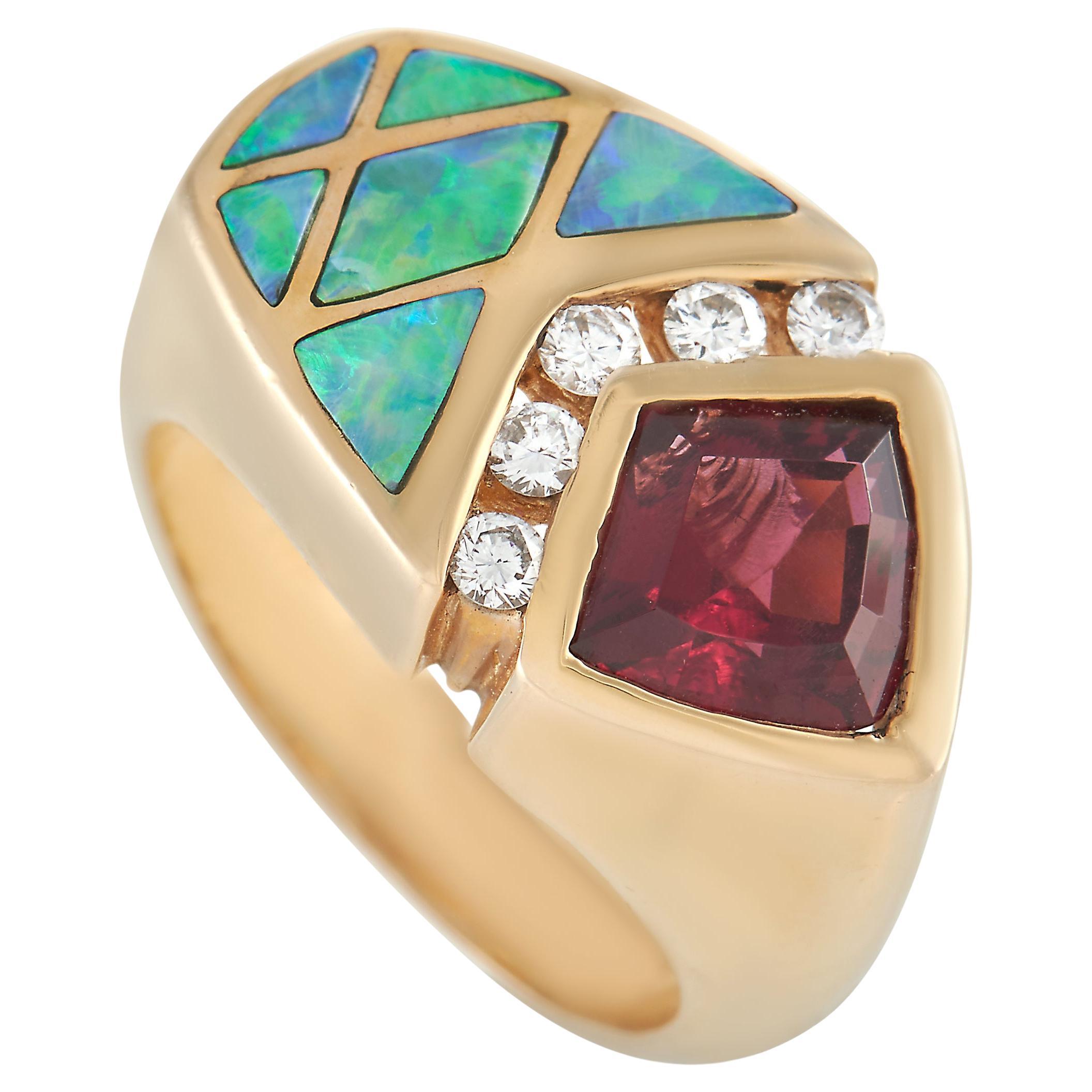Kabana 14K Yellow Gold 0.17 Ct Diamond, Garnet, and Inlaid Opal Ring