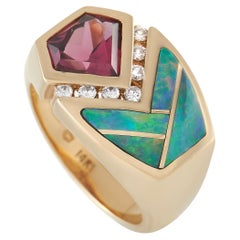 Kabana 14K Yellow Gold 0.17 Ct Diamond, Tourmaline, and Inlaid Opal Ring