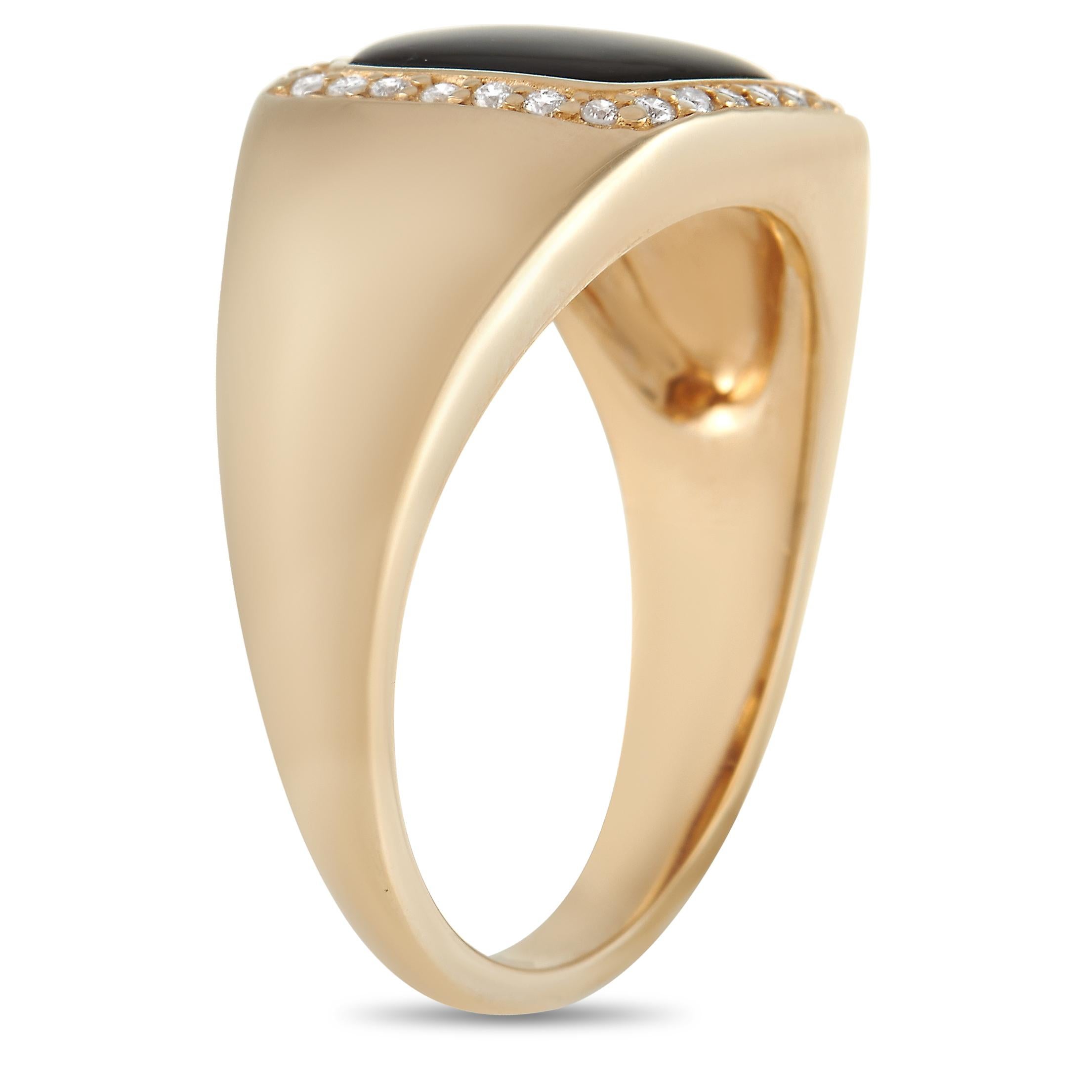 Simple, striking, and elegant, this Kabana ring is a piece you’ll find yourself wearing again and again. At the center of the bold 14K Yellow Gold setting - which features a 4mm wide band and a 3mm top height - you’ll find a captivating dark