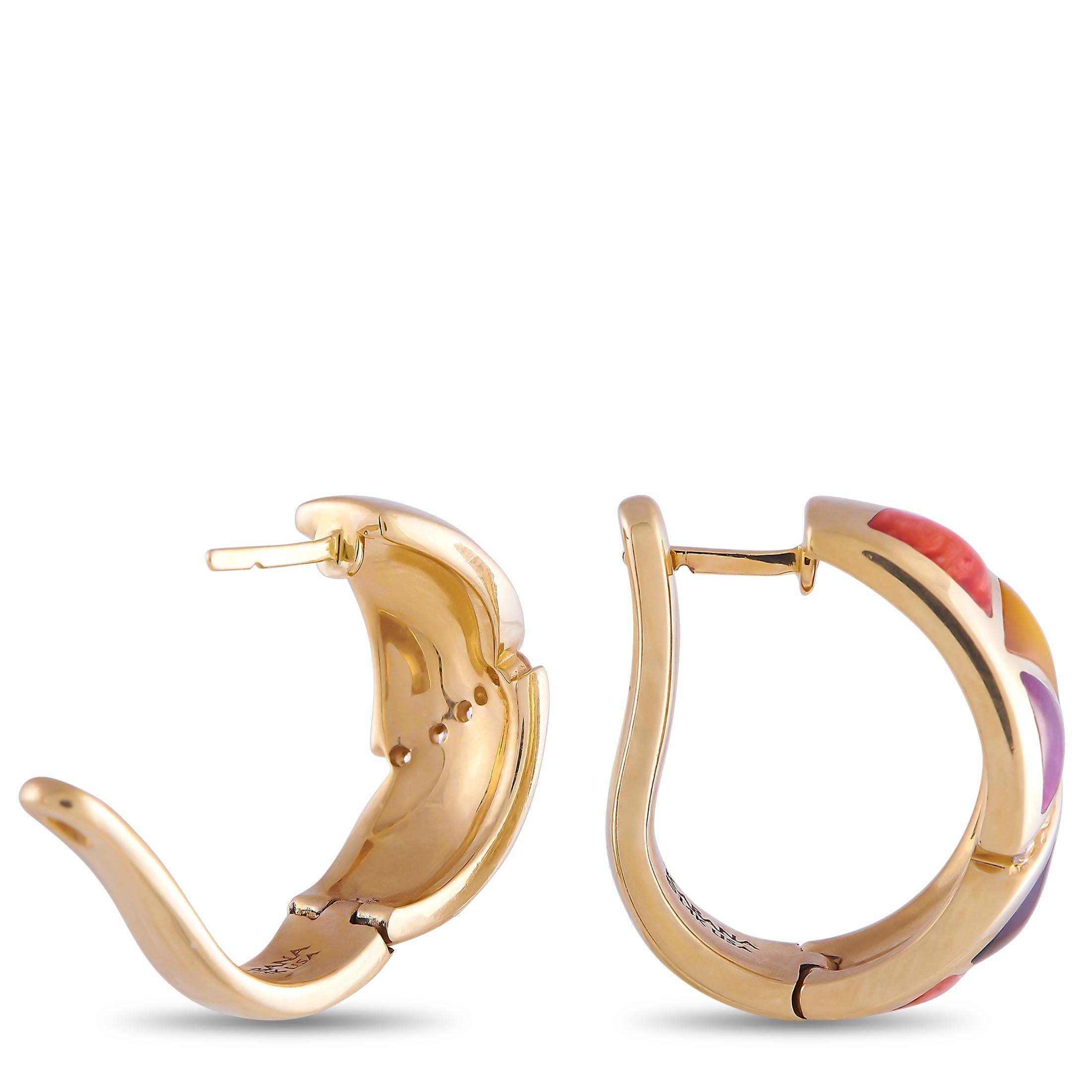 These beautiful Kabana earrings are the perfect finishing touch. The earrings are made with 14K yellow gold and inlaid with Mother of Pearl and Spiny in an assortment of warm colors around the outside of the hoop. Each earring is set with a single