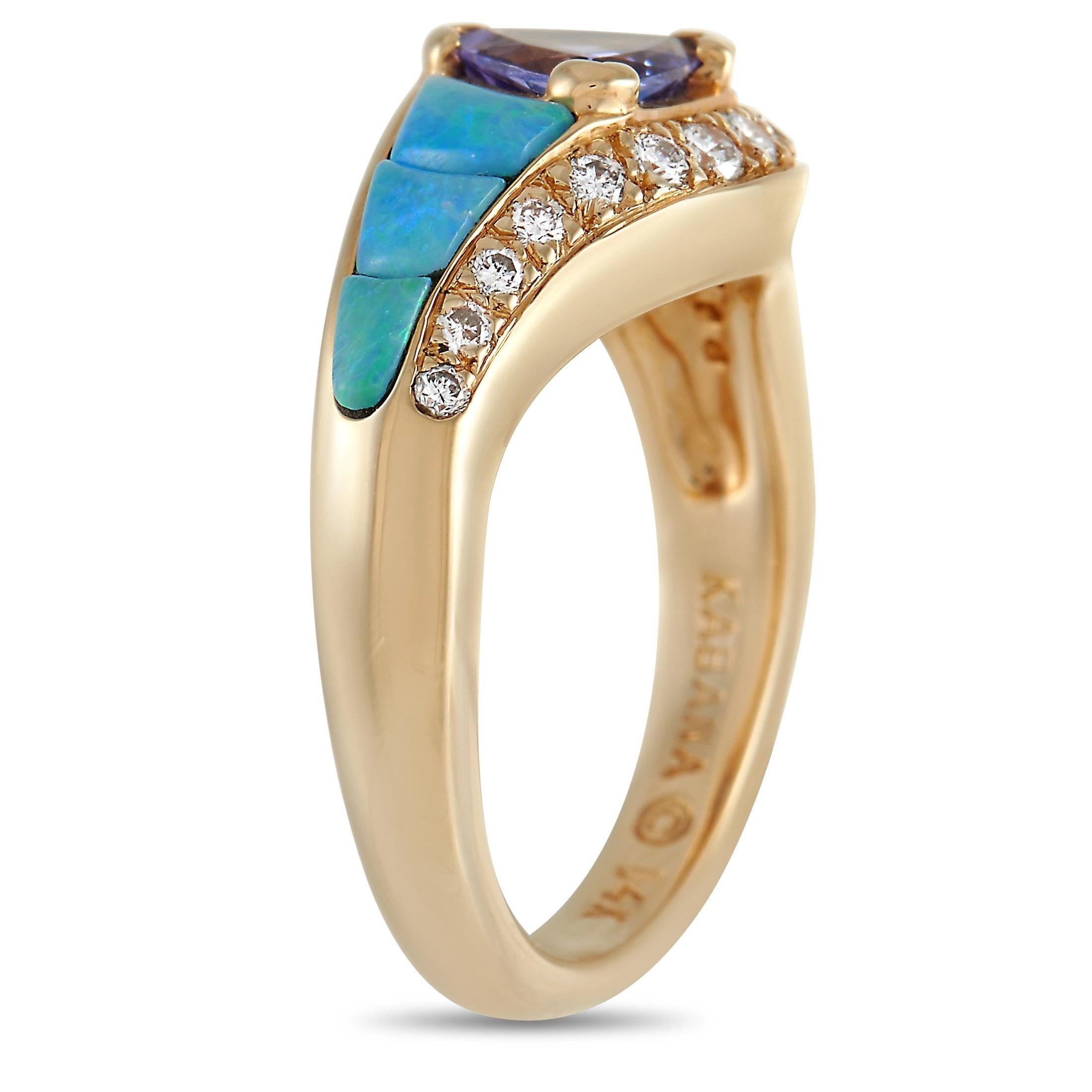 This elegant Kabana ring is truly stunning to behold. A 0.80 carat Tanzanite center stone is only elevated by the presence of blue-toned inlaid opal and a scintillating series of diamonds totaling 0.20 carats. This piece’s 14K Yellow Gold setting