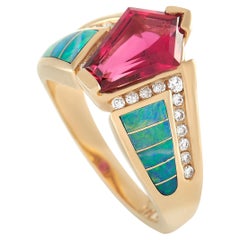 Kabana Ring, 14 Karat Gelbgold 0,20 Karat Diamant, Turmalin und Opal mit Intarsien