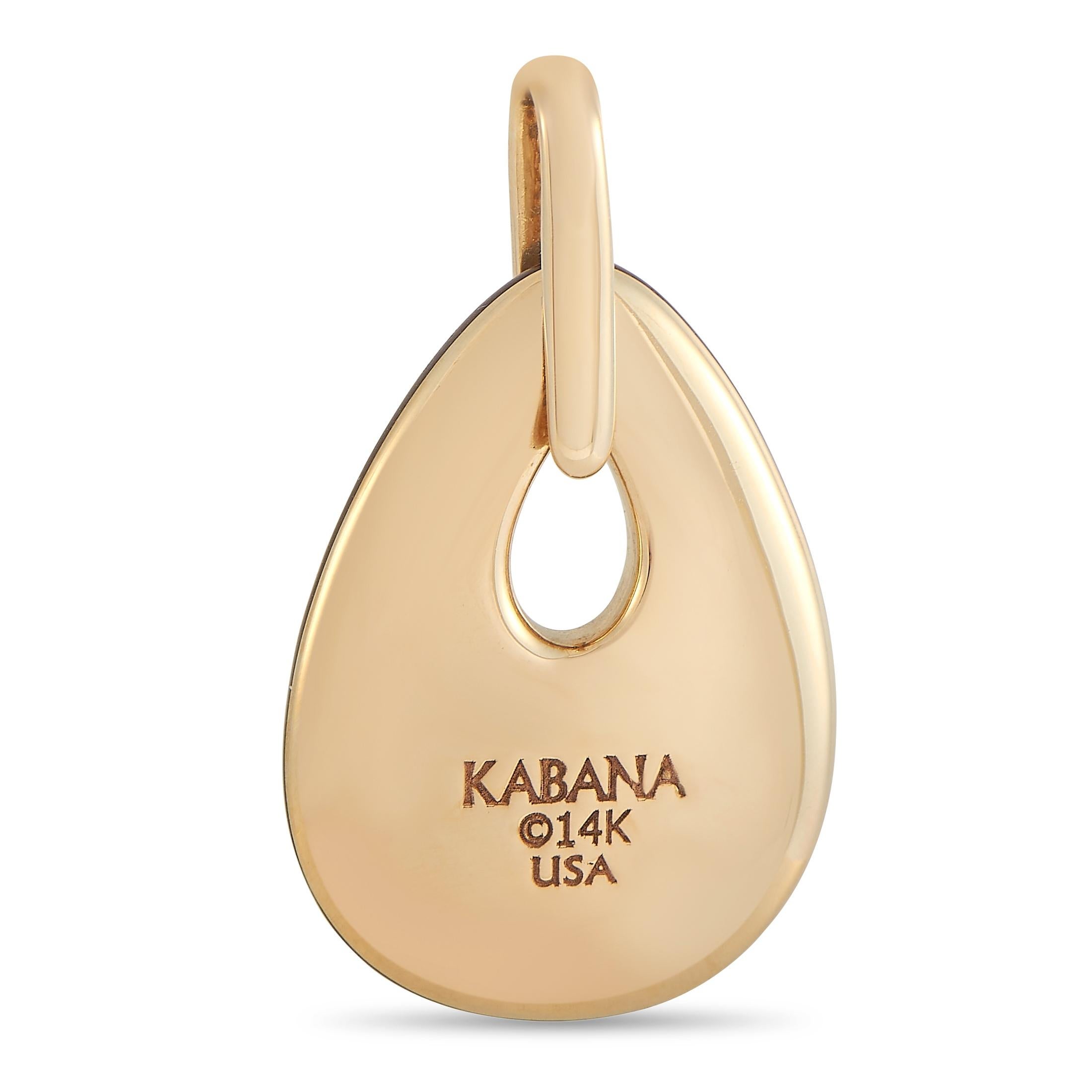 This unique Kabana 14K Yellow Gold 0.21 ct Diamond and Mother of Pearl Pendant is made with 14K yellow gold. The face of the pendant is almost completely covered with an inlay of a multicolored mother of pearl. Six round-cut diamonds are bezel set