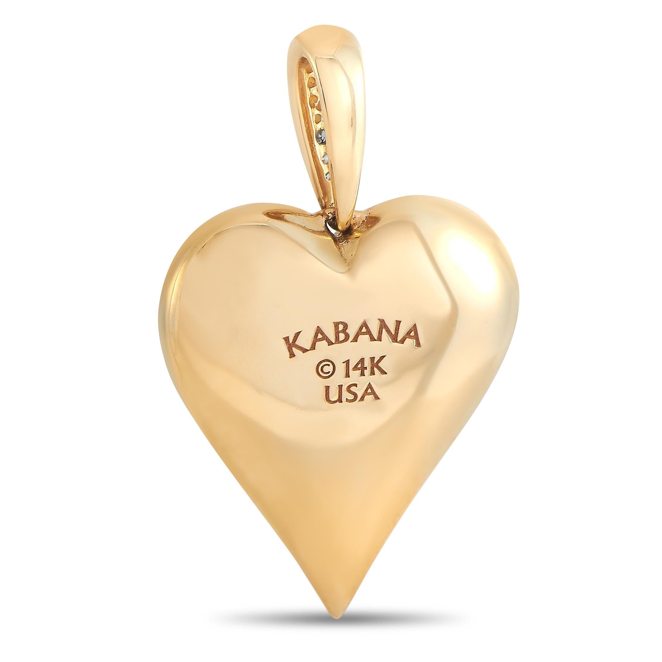 This unique Kabana heart pendant is made with 14K yellow gold. The pendant is inlaid with Onyx and set with 0.21 carats of small round-cut diamonds. The pendant measures 1.5 inches in height by 1.00 inches in width and weighs a total of 12.9 grams.