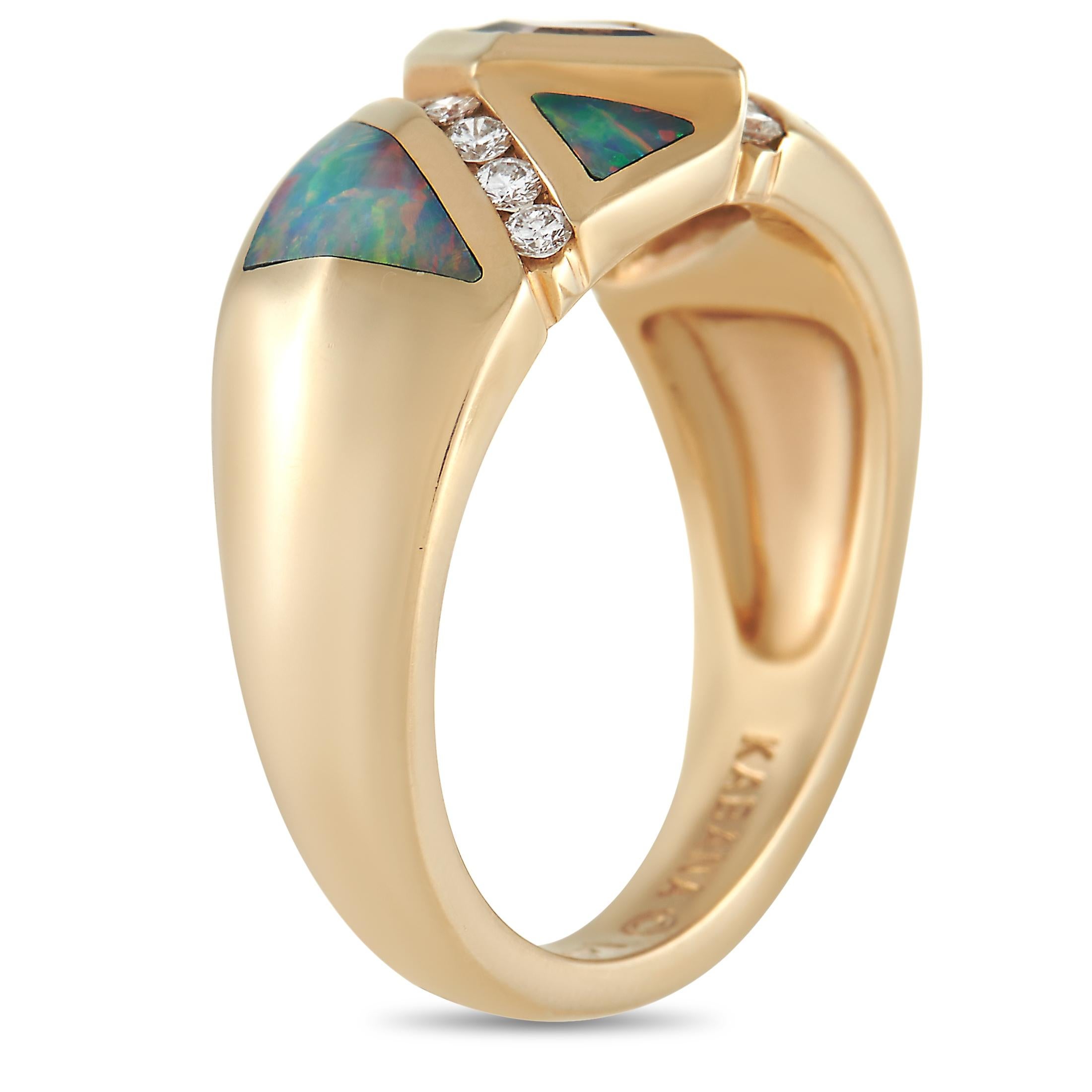 Soft colors and shimmering gemstones make this Kabana ring truly exquisite to behold. At the center, you’ll find a 0.45 carat Topaz gemstone surrounded by inlaid opal and 0.21 carats of glittering diamonds. The 14K Yellow Gold band features a 4mm