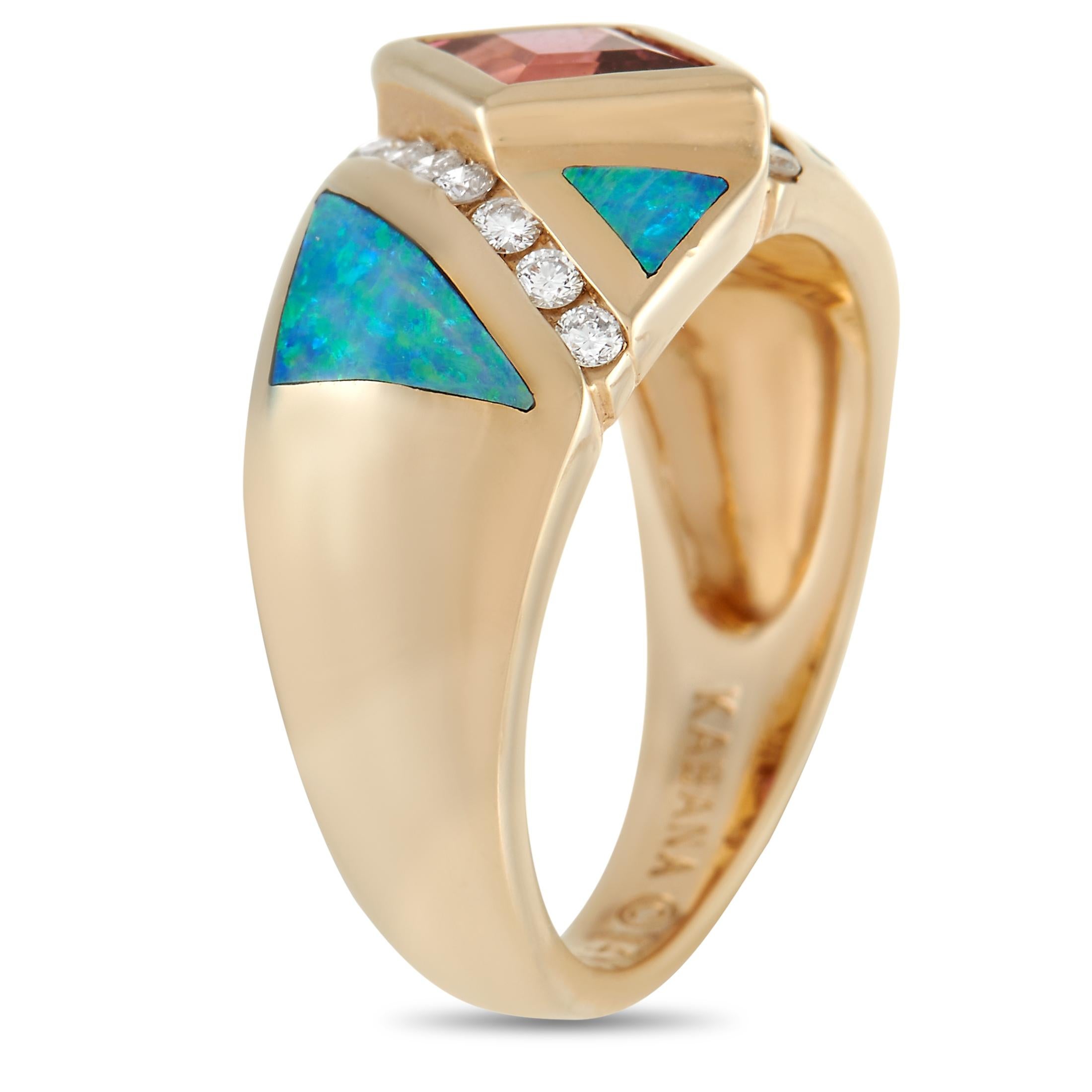 Un spectaculaire éventail de pierres précieuses rend cette bague Kabana vraiment inoubliable. Cette pièce présente des opales incrustées, une tourmaline de 0,65 carat et des diamants d'une valeur totale de 0,21 carat, le tout dans un superbe