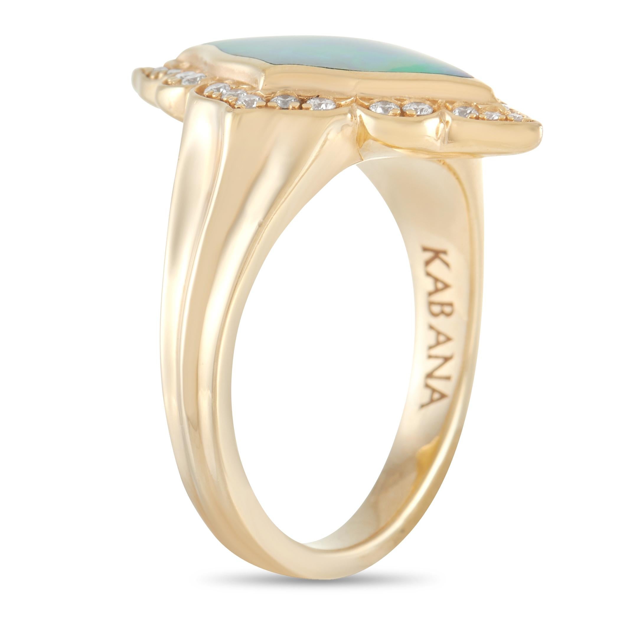 Beautiful colors and textures make this piece from Kabana truly captivating. This ring features a 14K yellow gold setting with a 2mm wide band and a 3mm top height. At the center, a stylish inlaid opal shines to life and is elegantly accented by a
