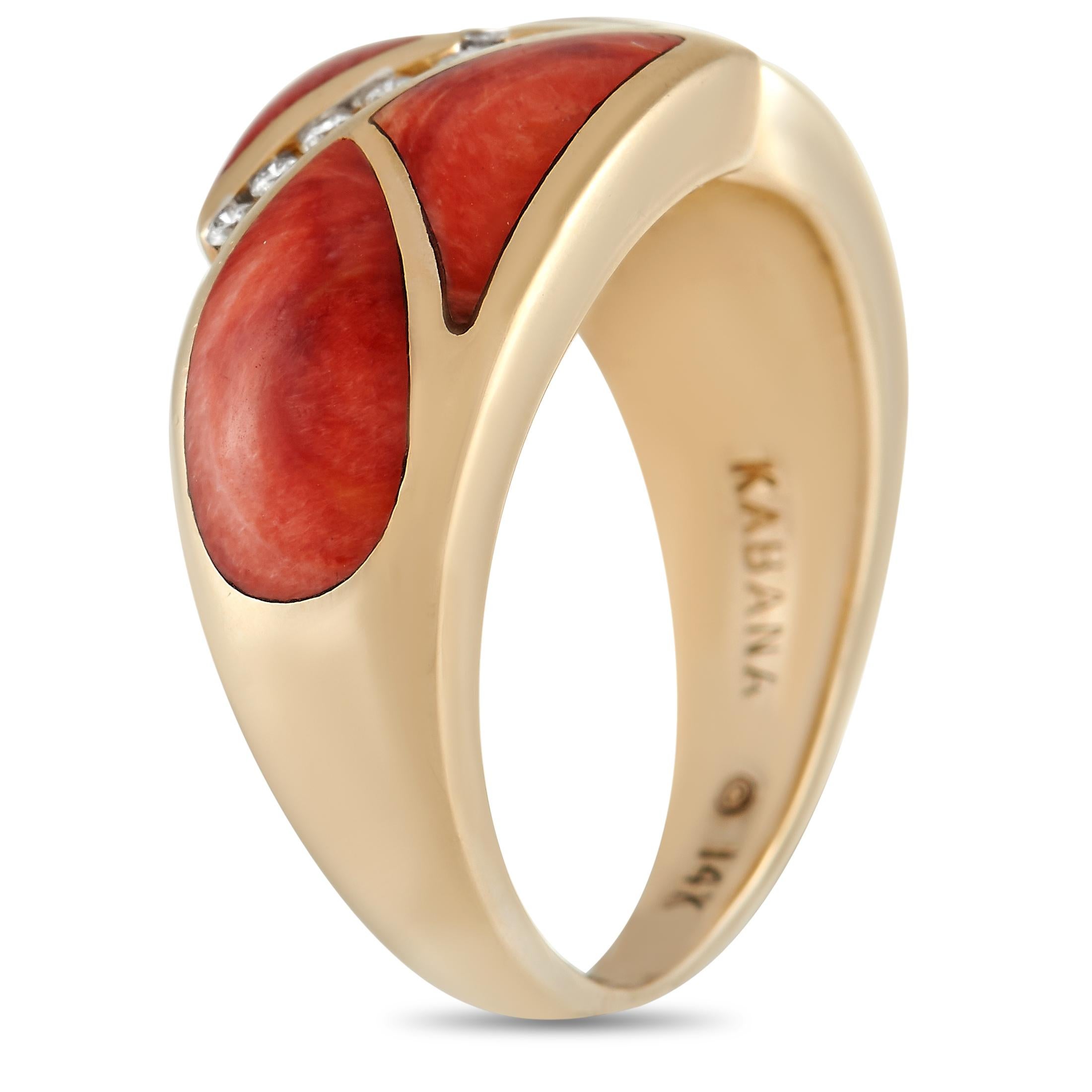 You’ve never seen anything quite like this sleek, sophisticated ring from Kabana. At the top of a 14K Yellow Gold setting with a 4mm wide band and a 3mm top height, you’ll find opulent orange-hued Spiny stones in a dramatic geometric pattern. A