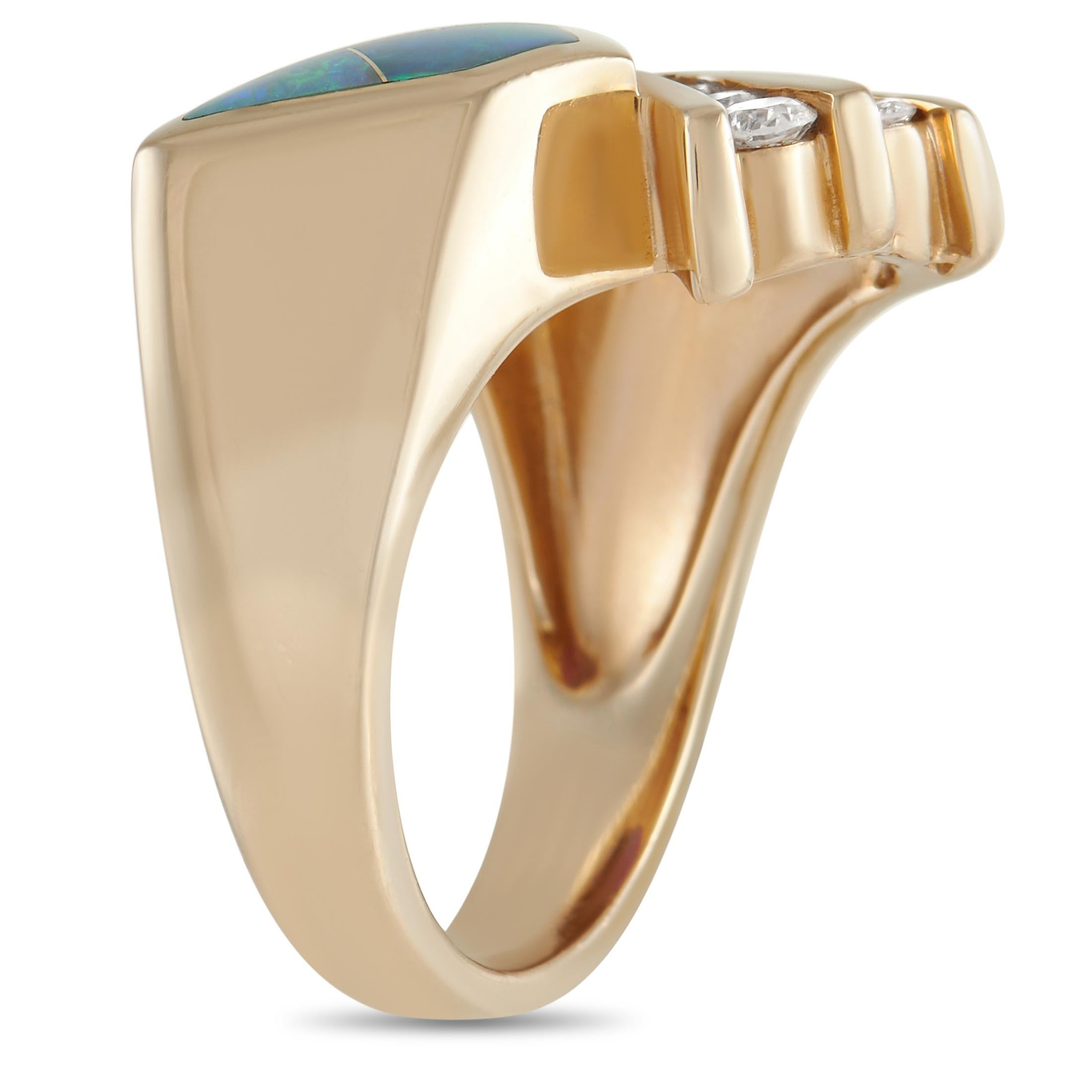 A striking array of colors and precious materials make this Kabana ring simply unforgettable. A creative setting crafted from 14K Yellow Gold beautifully showcases elegant gemstones, which include a 1.25 carat tourmaline, inlaid opal, and diamonds