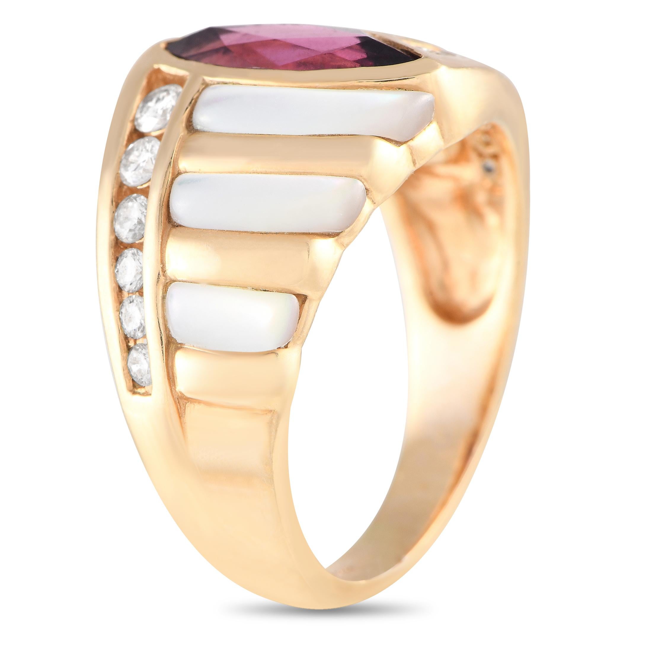 This Kabana creation is a sought-after jewel appreciated for its undeniable charm, creative style, and exquisite craftsmanship. It features a tapering band with a wide top housing a faceted marquise pink tourmaline set securely on a bezel. Two