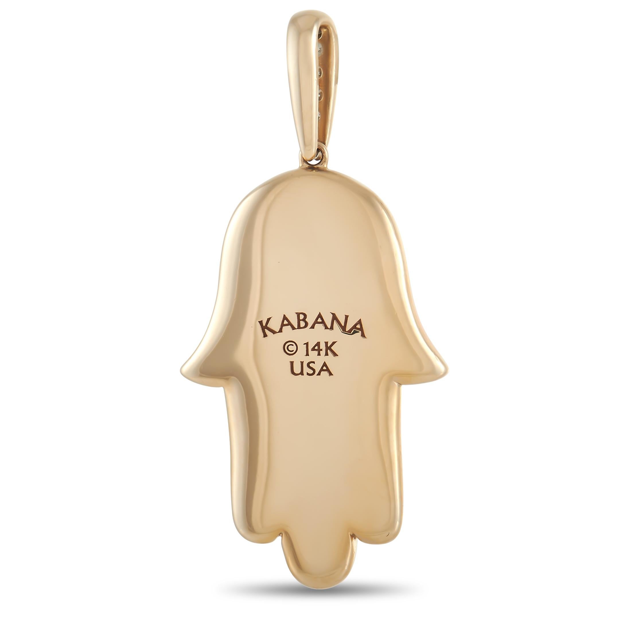 Add luxury to your wardrobe with this elegant Hamsa pendant from Kabana. This timeless symbol comes to life thanks a beautiful combination of 14K Yellow Gold, scarlet red Spiny, and diamonds totaling 0.33 carats. It measures 1.75” long and .75” wide