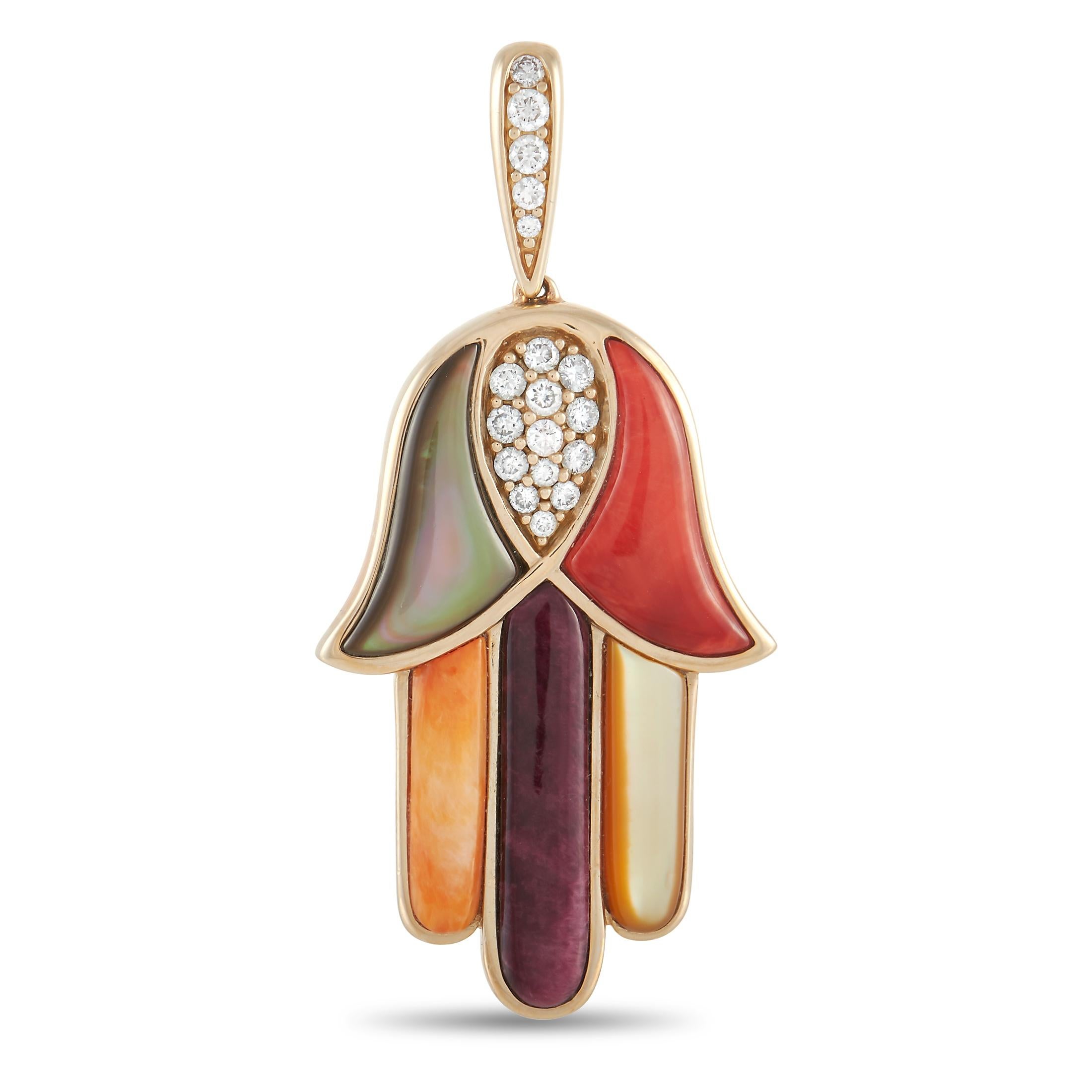 Kabana Hamsa-Anhänger, 14 Karat Gelbgold 0,33 Karat Diamant, Spinn und Perlmutt (Gemischter Schliff)