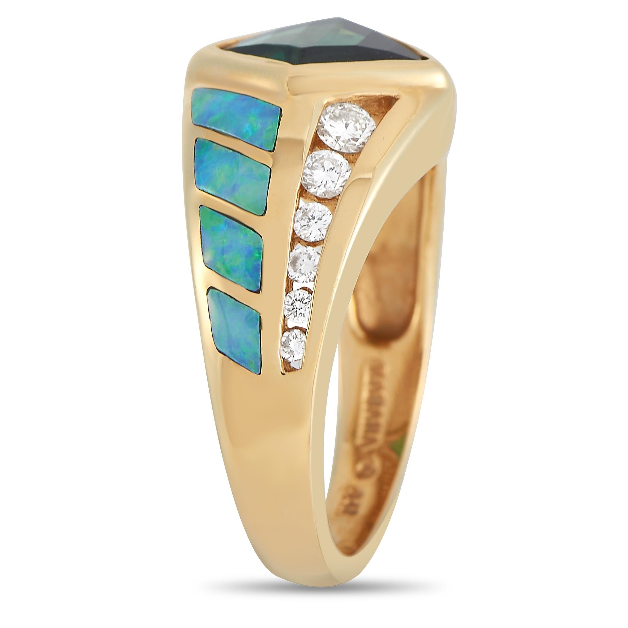 A striking geometric design makes this Kabana ring impossible to ignore. At the center, you’ll find a 1.10 carat tourmaline that’s flanked by inlaid opals and diamonds with a total weight of 0.35 carats. This piece features a 14K Yellow Gold