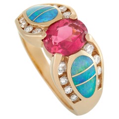 Kabana 14K Yellow Gold 0.42 Ct Diamond, Tourmaline and Inlaid Opal Ring