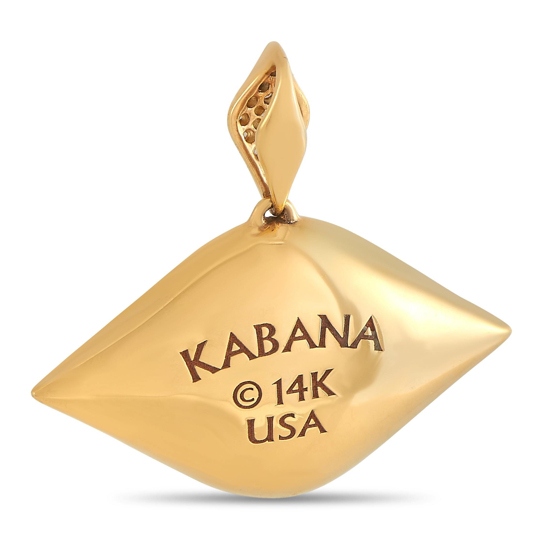 This Kabana 14K Yellow Gold 0.55 ct Diamond Mother of Pearl Turquoise Evil Eye Pendant is made with 14K yellow gold. The face of the pendant is set with an inlay of white mother of pearl and vibrant turquoise, forming an Evil Eye which is accented