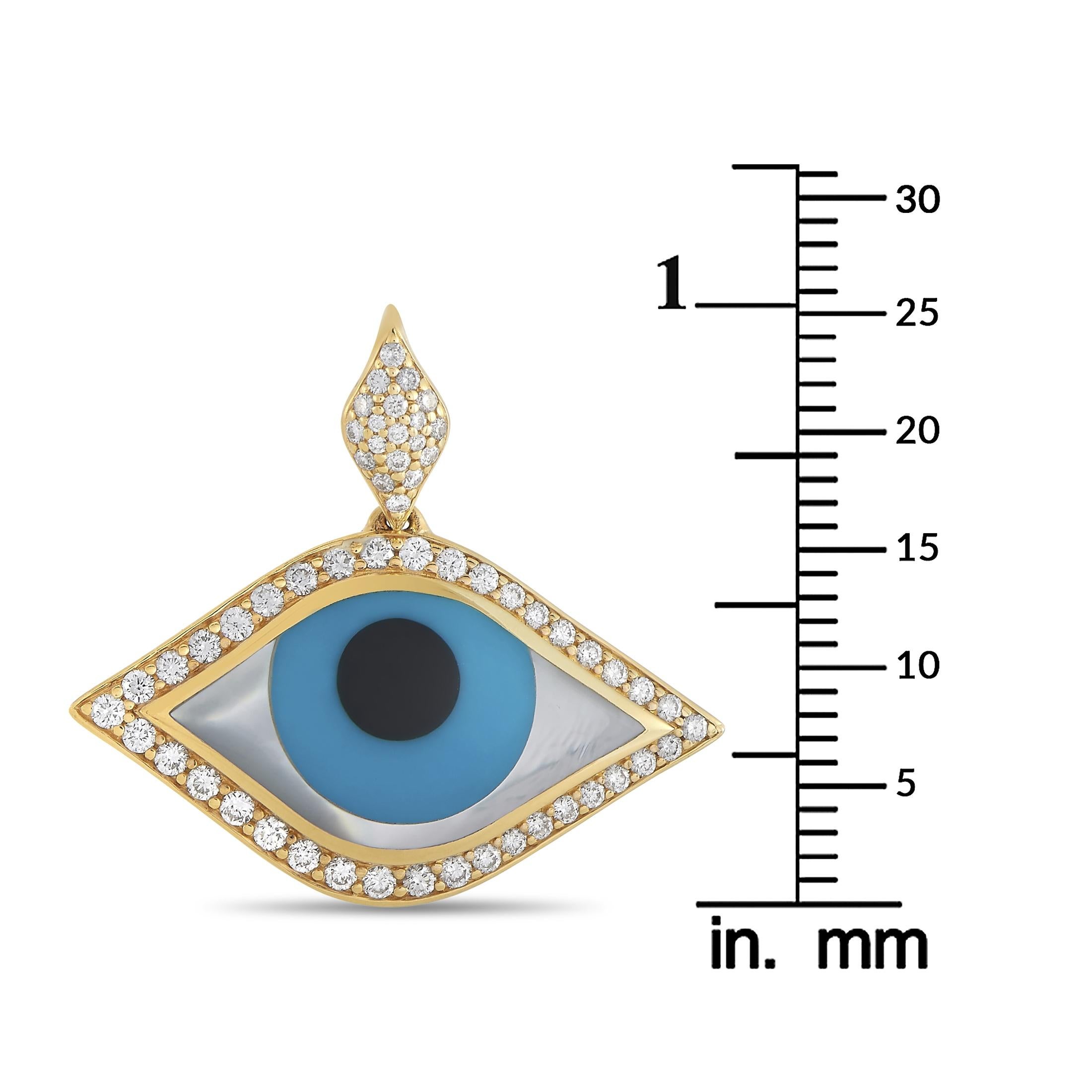Mixed Cut Kabana 14K Yellow Gold 0.55 Ct Diamond, Turquoise, and Mother of Pearl Evil Eye