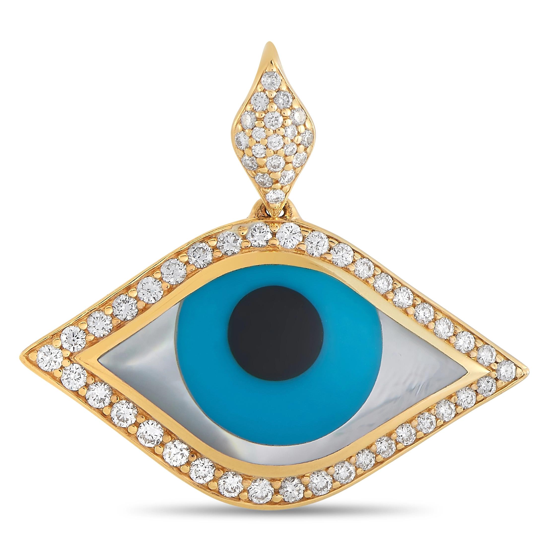 Kabana 14K Yellow Gold 0.55 Ct Diamond, Turquoise, and Mother of Pearl Evil Eye In New Condition In Southampton, PA
