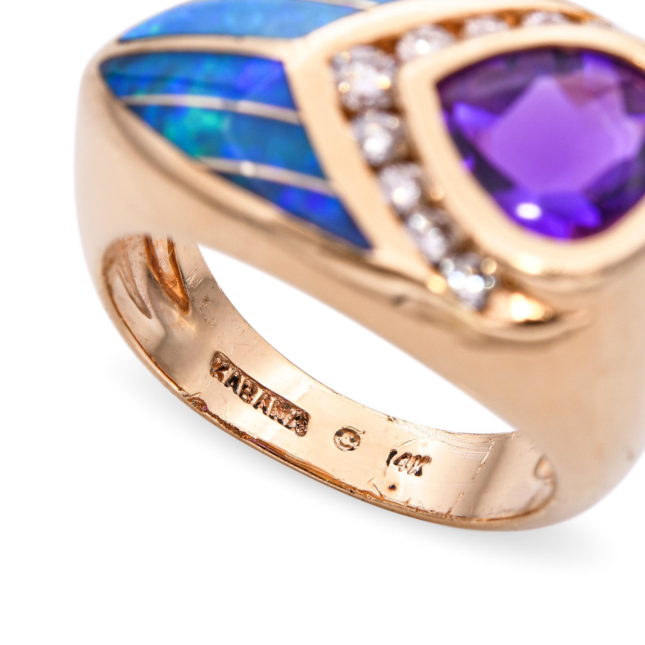 Anello con intarsio di diamanti e opali in oro giallo Kabana 14k in vendita 2