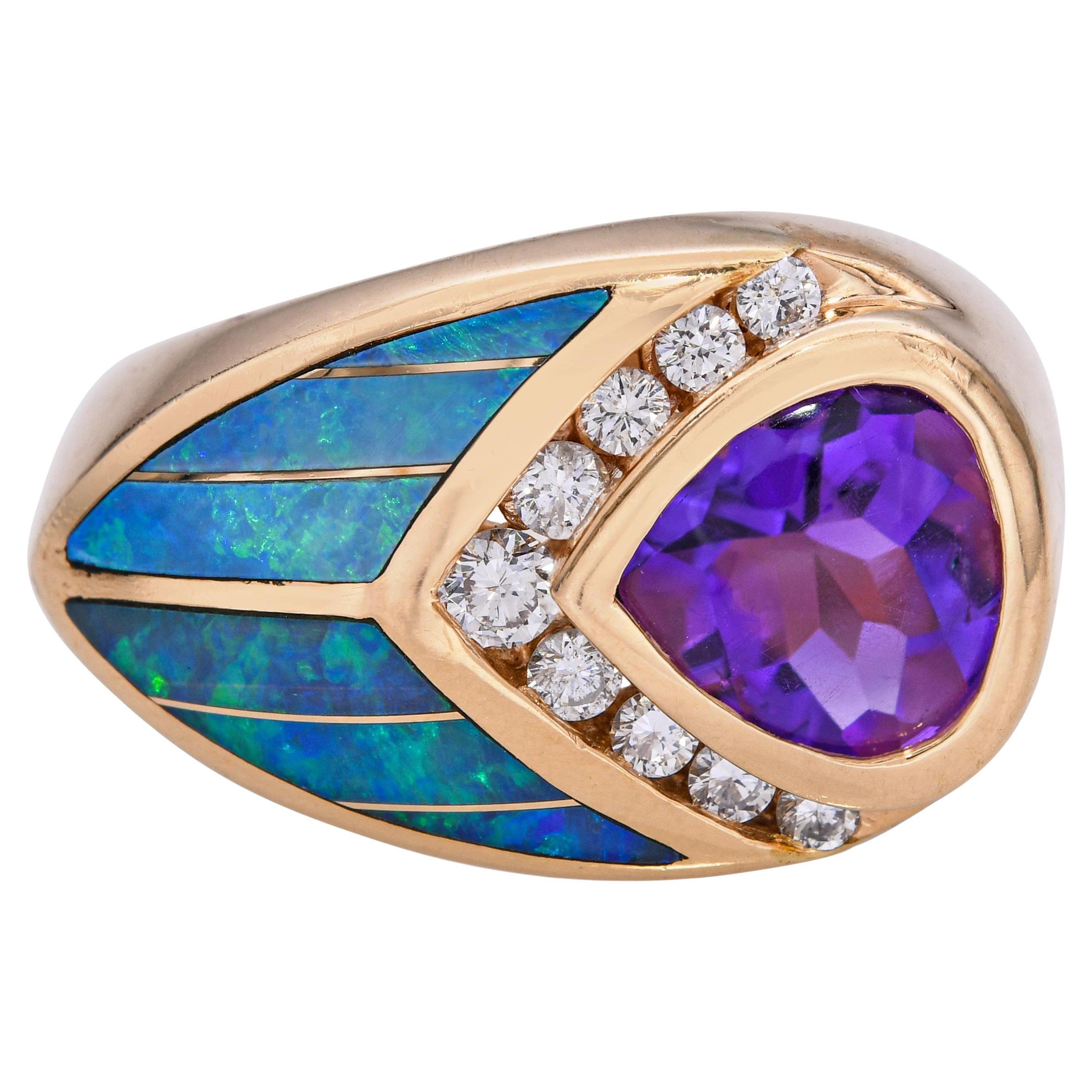 Anello con intarsio di diamanti e opali in oro giallo Kabana 14k in vendita
