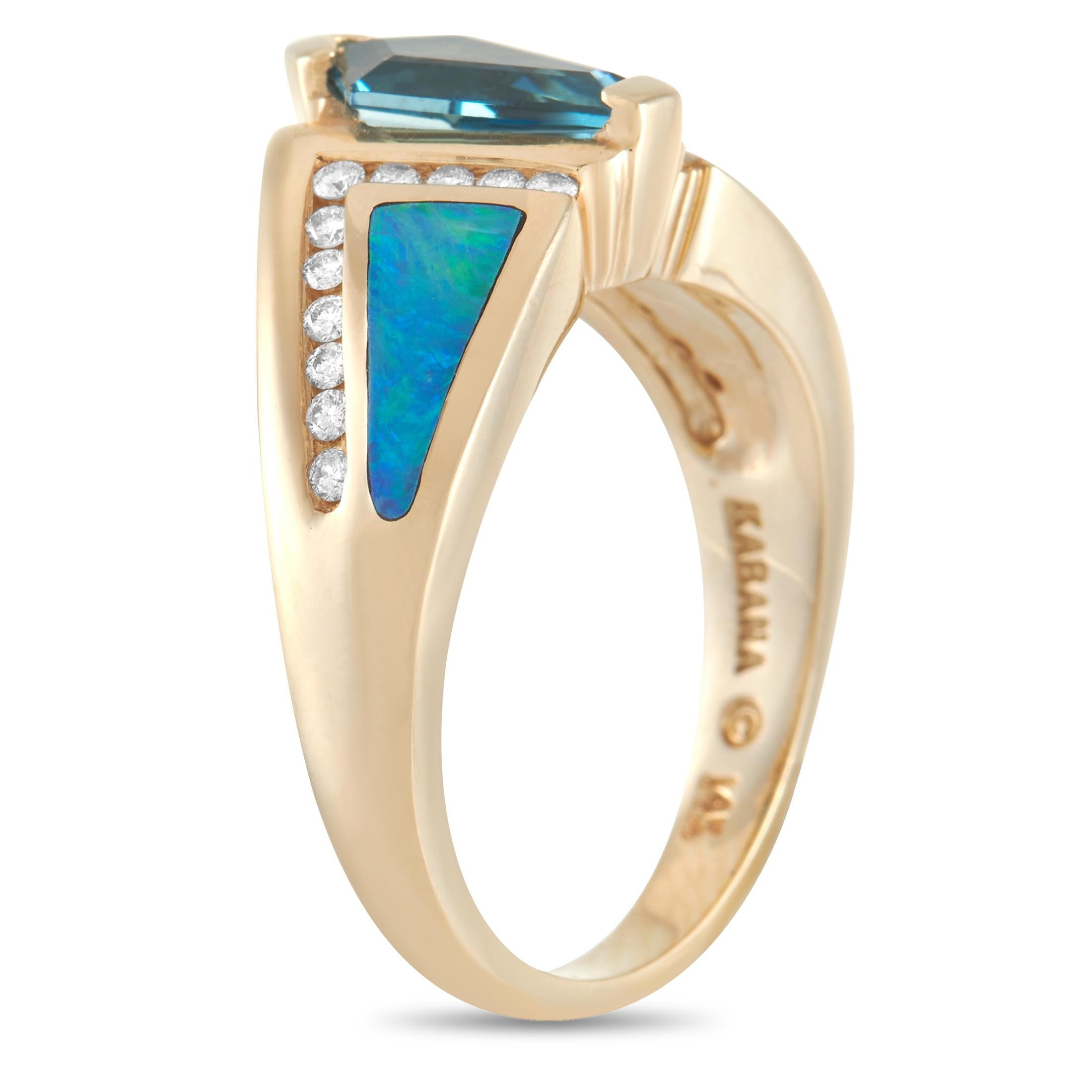 This Kabana ring is perfect for anyone with refined taste who appreciates a luxurious pop of color. At the center of this piece’s creative 14K Yellow Gold setting, you’ll find a shimmering blue 0.90 carat topaz. It’s also flanked by glittering