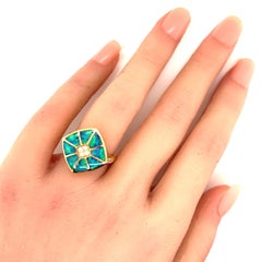 Kabana 14k Yellow Gold Fire Opal Inlay & Diamond Ring Size 7