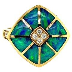Kabana 14k Yellow Gold Fire Opal Inlay & Diamond Ring Size 7