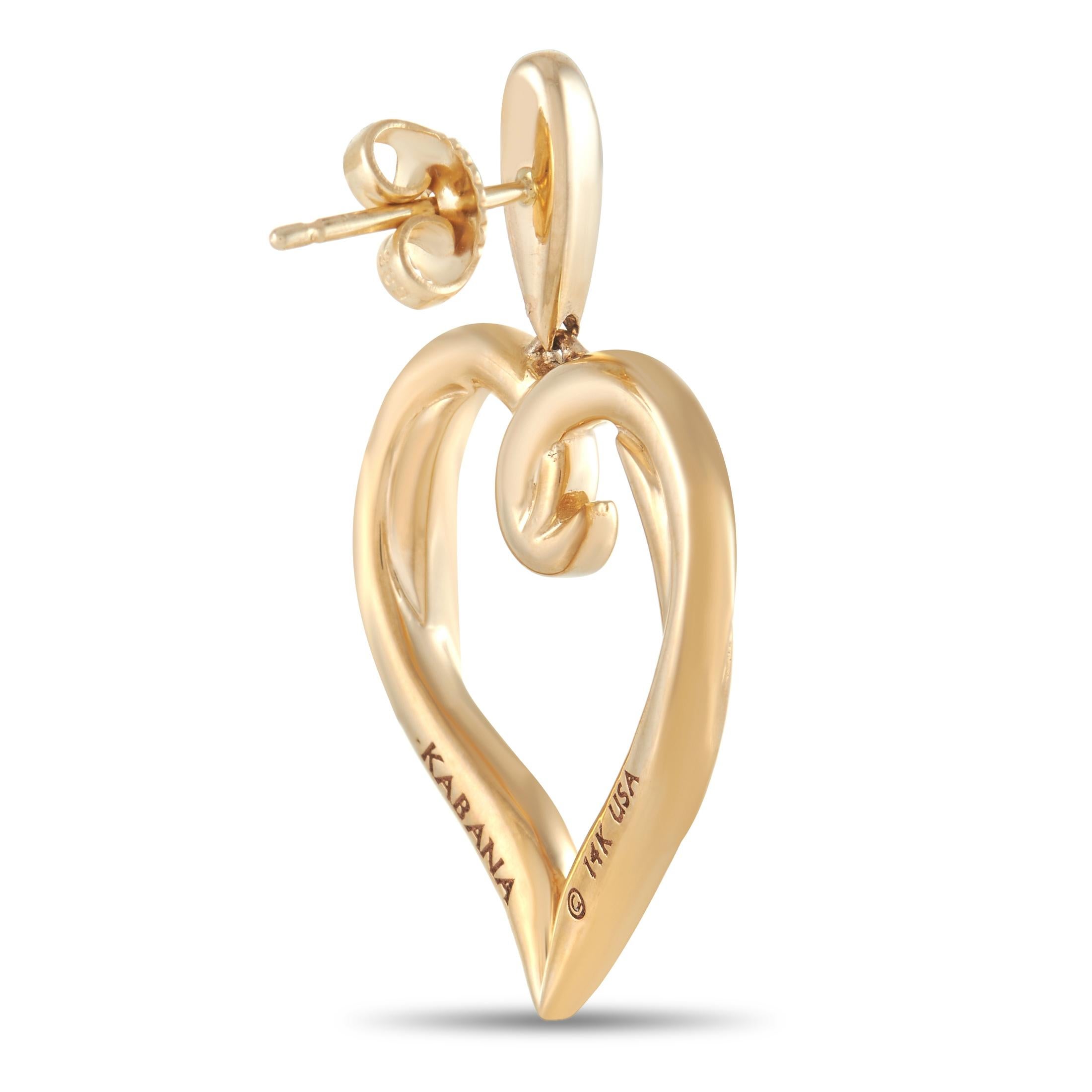 These unique Kabana 14K Yellow Gold Mother of Pearl Spiny Heart Earrings are made with 14K yellow gold in an openwork heart shape. Each earring is inlaid with swirls of Mother of Pearl and Spiny in a range of warm colors. The earrings measure 1.38