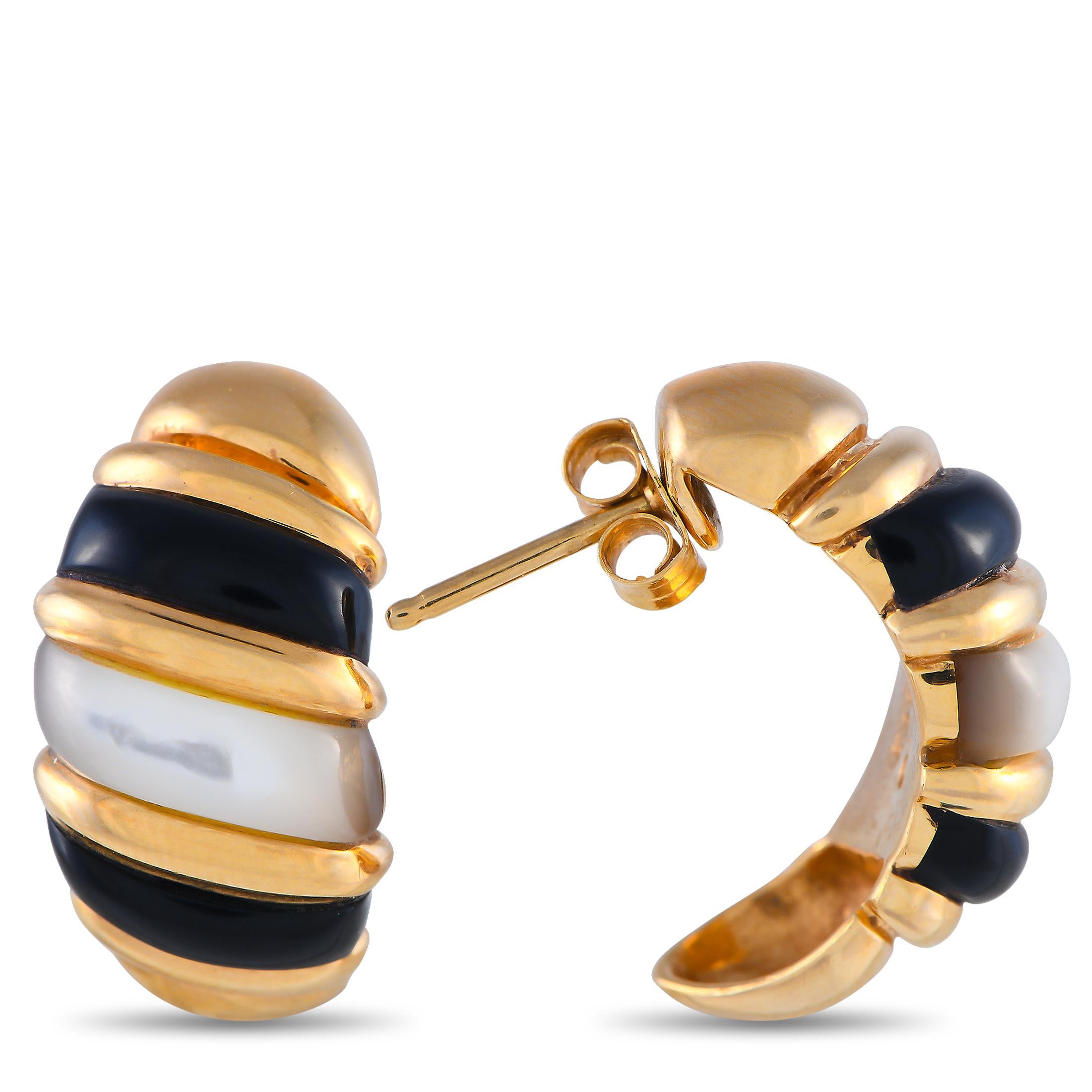 Designed with the timeless trio of black, white, and gold, these Kabana C-Hoops are sure to instantly glam up any look. The earrings feature a chunky C-shaped hoop with ridges in polished yellow gold, accentuated by a pair of onyx and a Mother of
