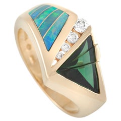 Kabana 14K Yellow Gold Ring 0.15 Ct Diamond, Tourmaline, and Inlaid Opal Ring