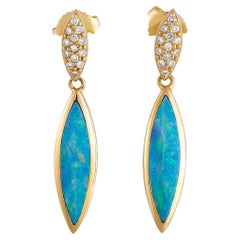 Kabana 18K Yellow Gold 0.13 Ct Diamond and Inlaid Opal Dangle Earrings