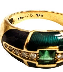 Kabana 18k Gelbgold .33 Karat Smaragd, Diamant & lila Emaille Ring