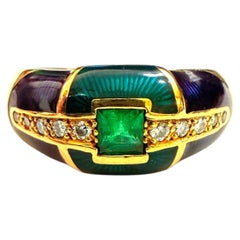 Kabana 18k Gelbgold .33 Karat Smaragd, Diamant & lila Emaille Ring