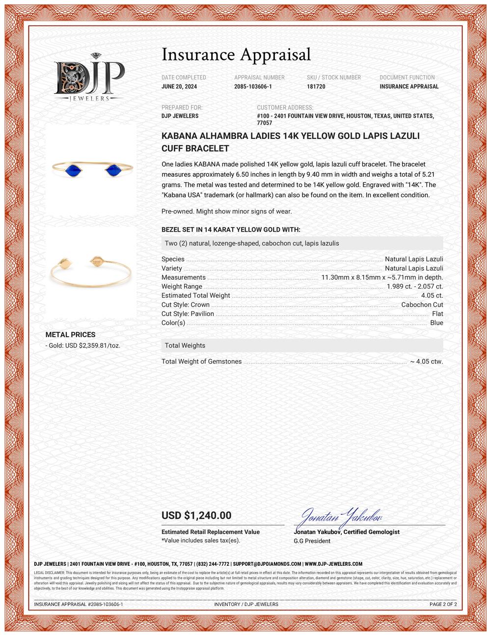 Kabana Alhambra Ladies 14K Yellow Gold Lapis Lazuli Cuff Bracelet 1