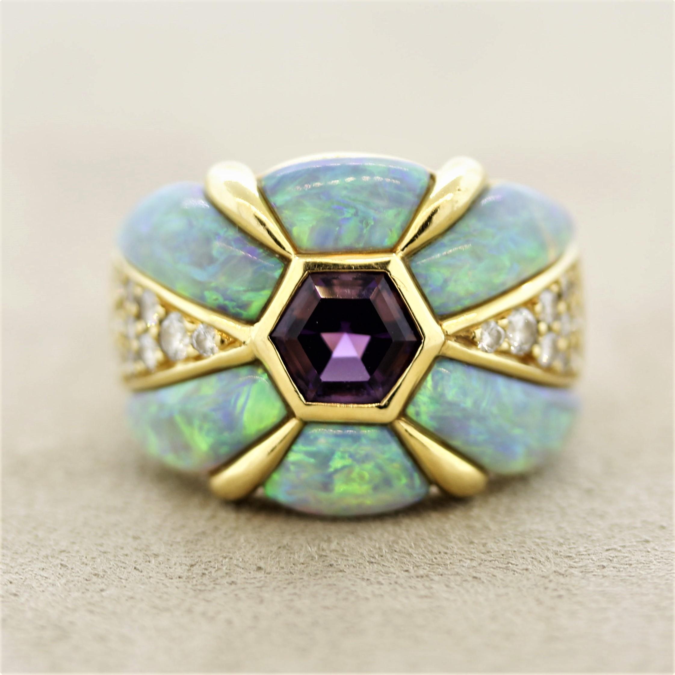 A special piece by well-known designer Kabana which features a hexagonal-shape amethyst in its center along with 6 fine crystal opals carved and set in a lovely design around the ring. Additionally, 0.40 carats of round brilliant-cut diamonds accent