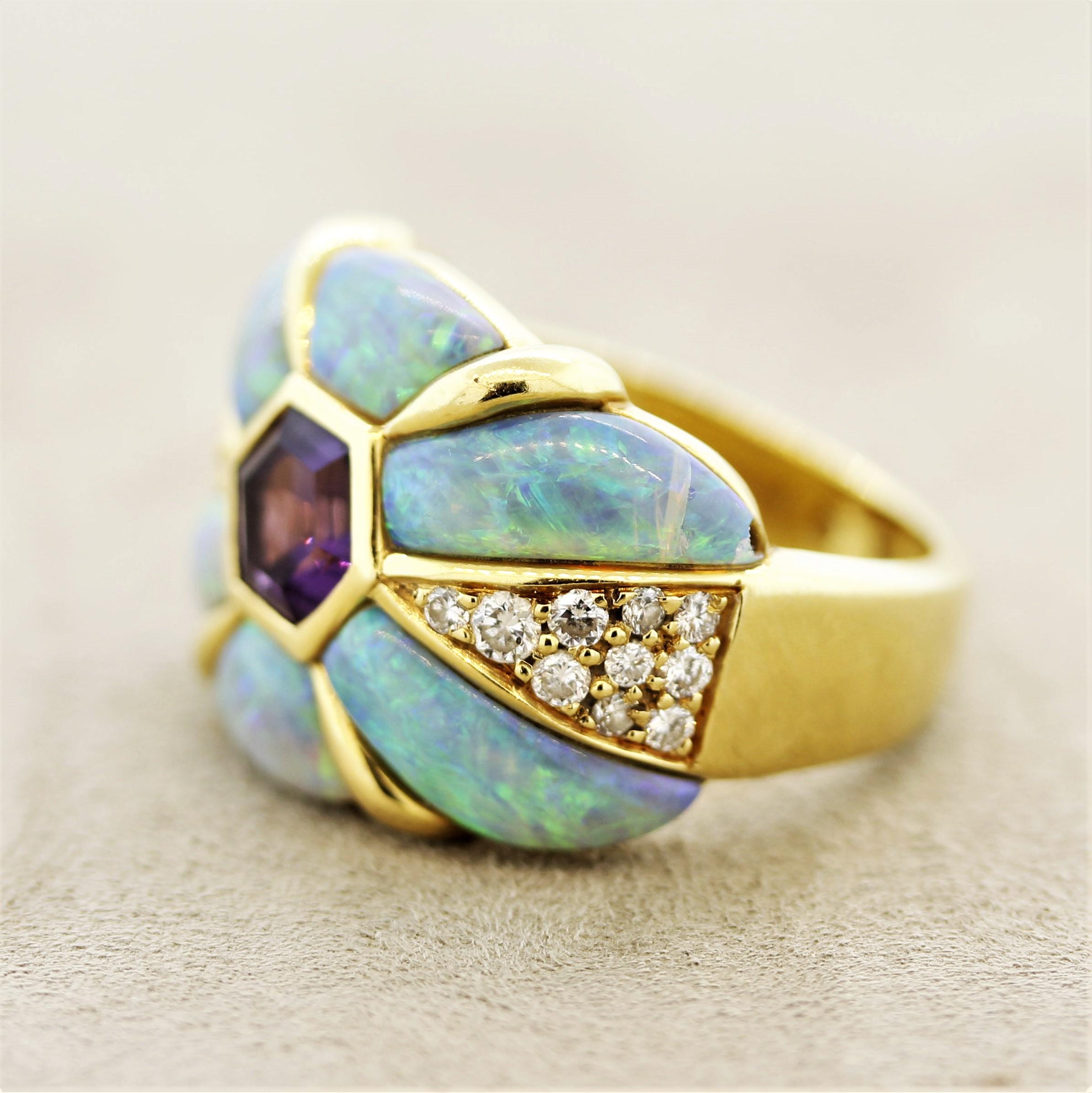 Mixed Cut Kabana Amethyst Diamond Opal Gold Band Ring