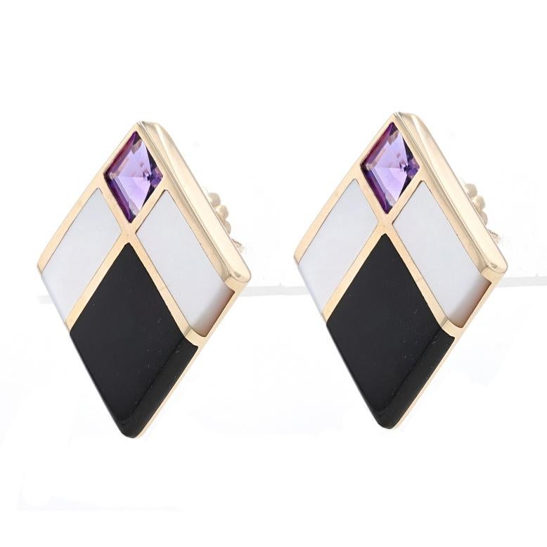 Brand: Kabana

Metal Content: 14k Yellow Gold

Stone Information

Natural Amethysts
Carat(s): .90ctw
Cut: Lozenge
Color: Purple

Natural Onyx
Color: Black

Natural Mother of Pearl
Color: White

Total Carats: .90ctw

Style: Drop
Fastening Type: