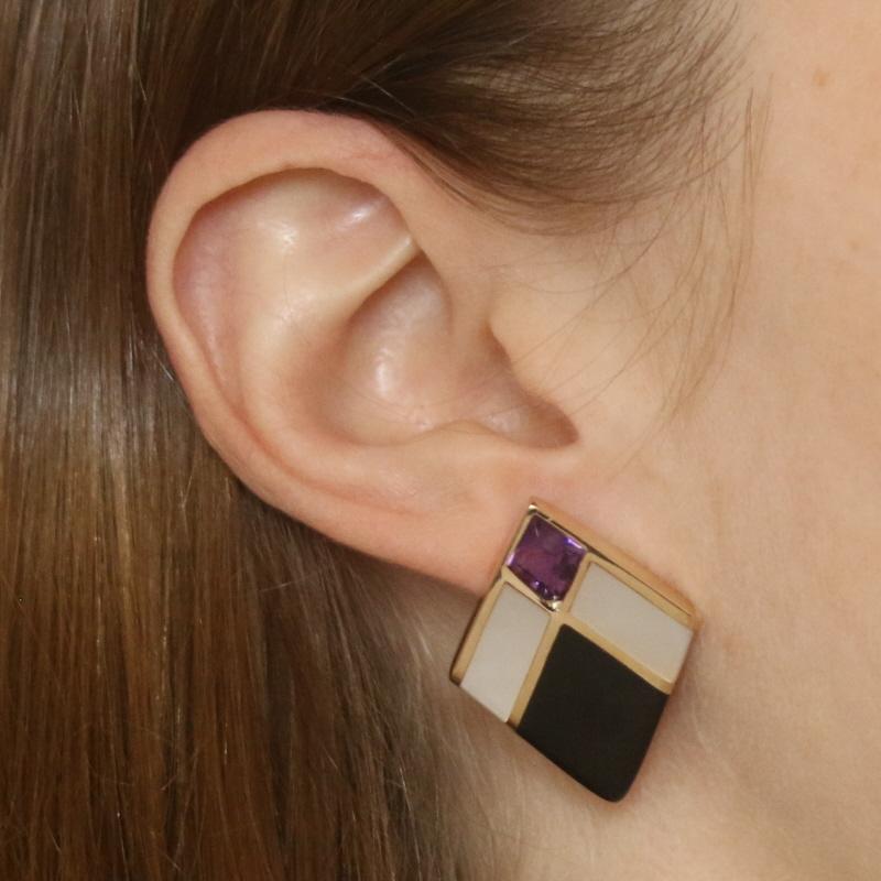 Mixed Cut Kabana Amethyst Onyx Mother of Pearl Earrings - Yellow Gold 14k .90ctw Geometric For Sale