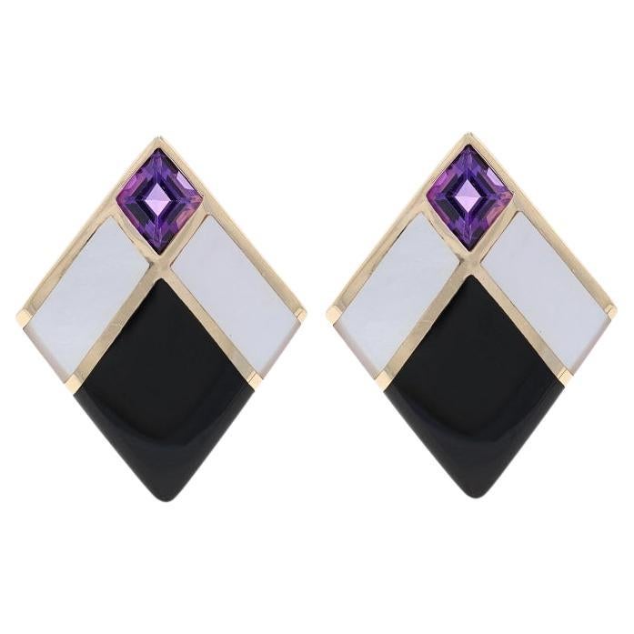Kabana Amethyst Onyx Mother of Pearl Earrings - Yellow Gold 14k .90ctw Geometric For Sale