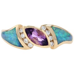 Kabana Amethyst, Opal, and Diamond Ring Yellow Gold, 14k Marquise Cut .56 Carat